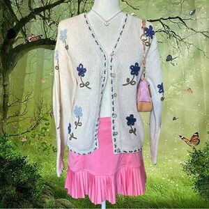 Talbots Knitted Coquette White Floral Cardigan Size L